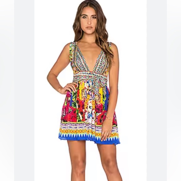 camilla v neck short dress SHORT V NECK EMBROIDERED DRESS PATCHWORK PANORAMA